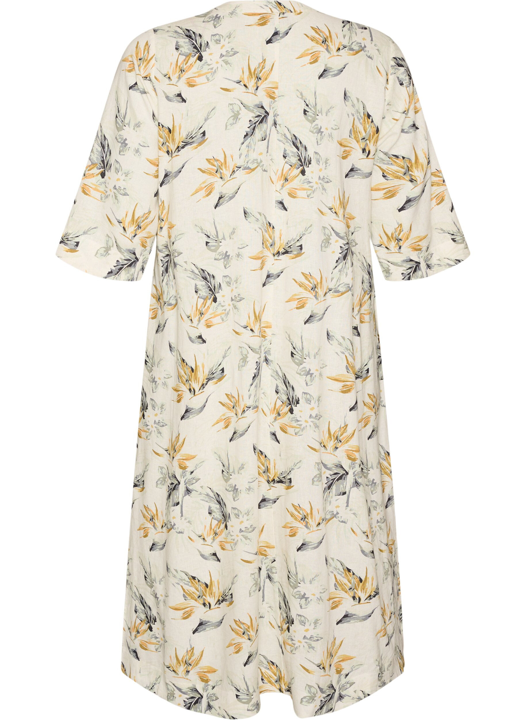 Zizzi Robe midi en lin et viscose avec manches mi-longues, Blanc, Packshot image number 1