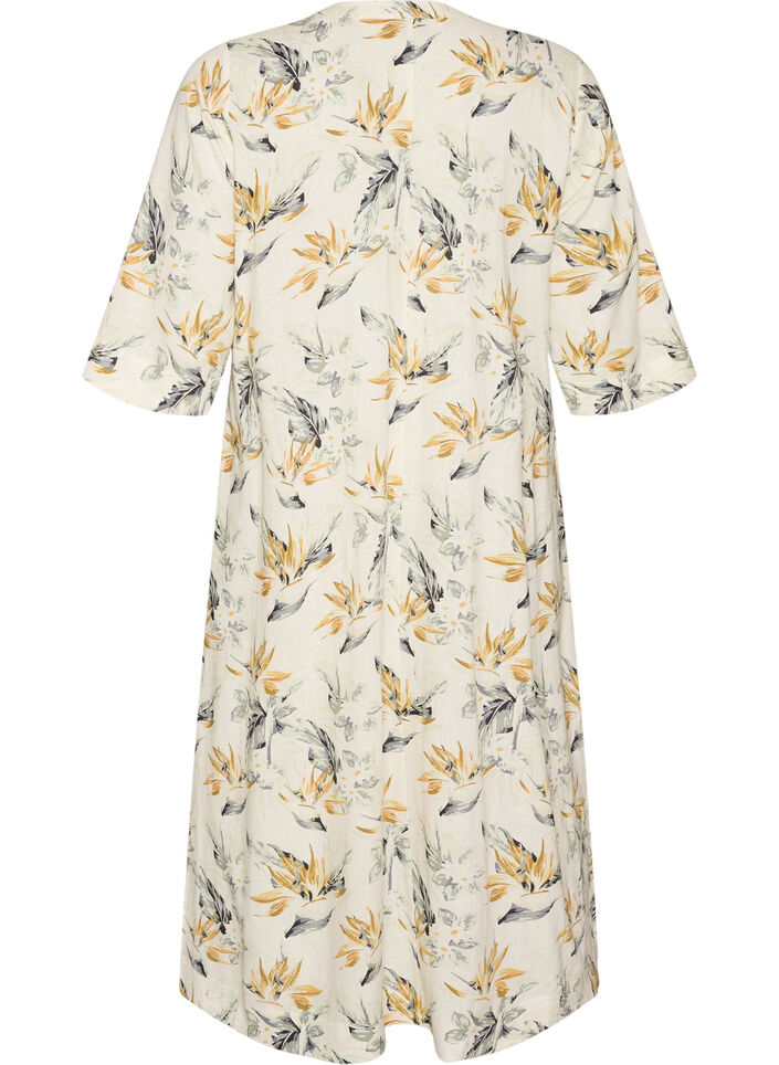 Robe midi en lin et viscose avec manches mi-longues, Blanc, Packshot image number 1