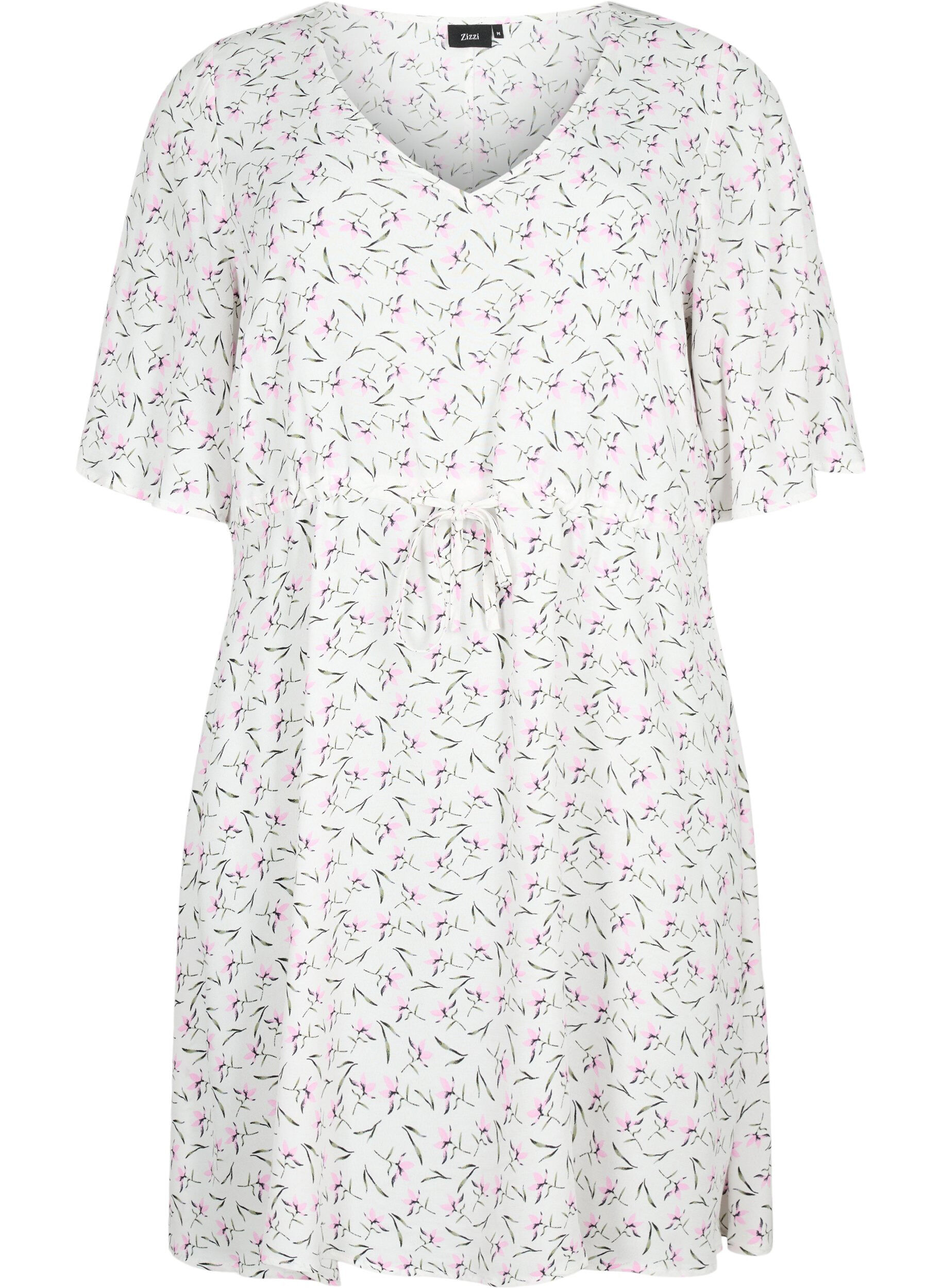 Zizzi Robe &agrave; manches 1/2 avec imprim&eacute; floral en viscose, White Purple Flower, Packshot image number 0