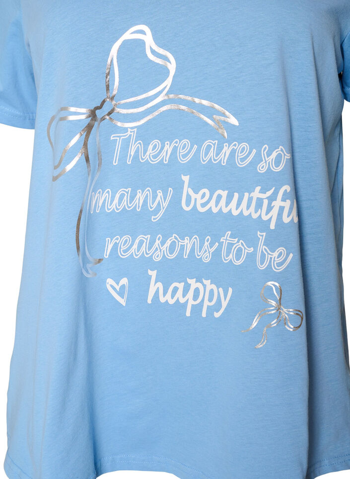 T-shirt en coton avec col V et imprim&eacute; devant, Bleu Clair, Packshot image number 2