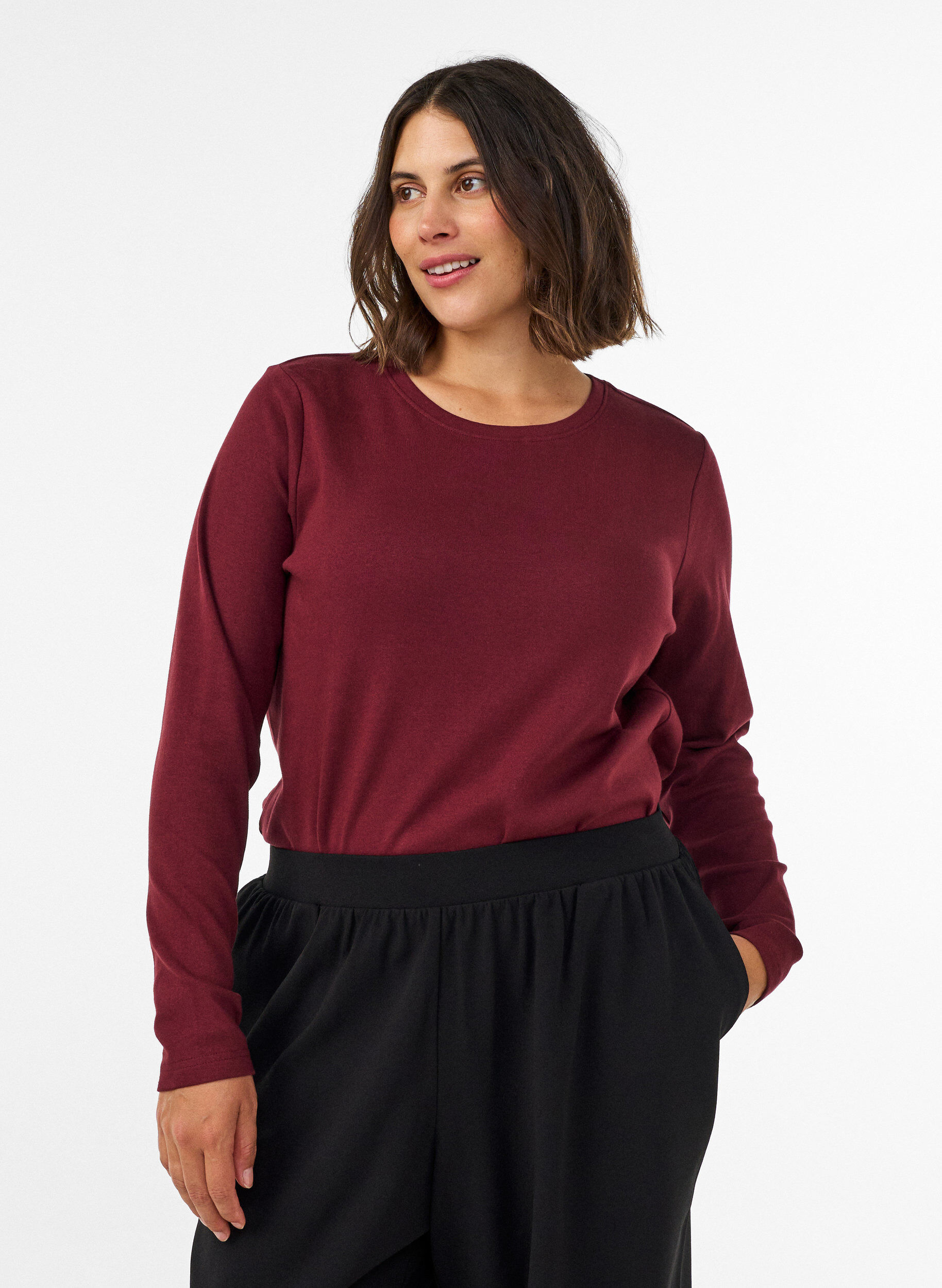 ZizziT-shirt basique &agrave; manches longues et col rond, Bordeaux, Model image number 0