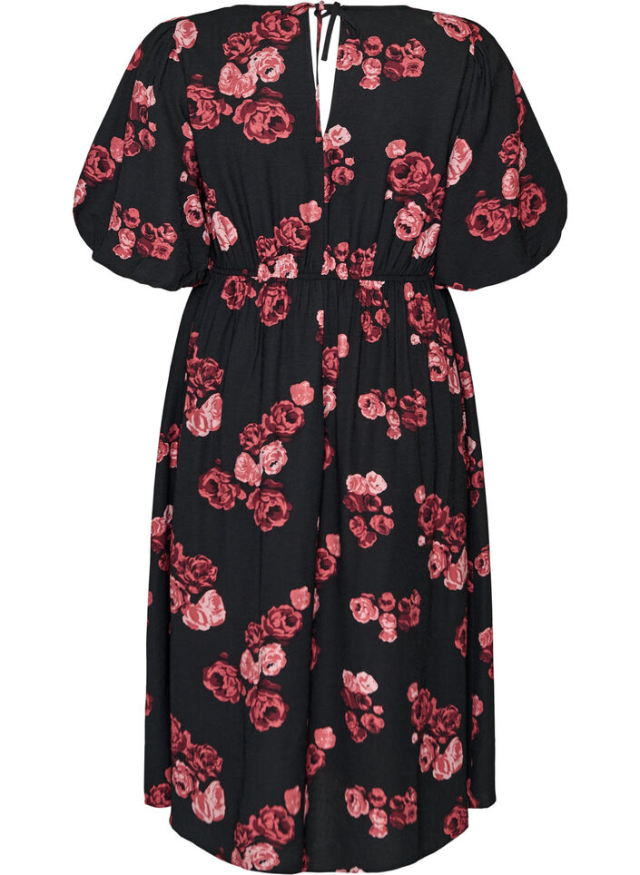 Robe midi &agrave; imprim&eacute; roses et manches courtes bouffantes, Noir, Packshot image number 1