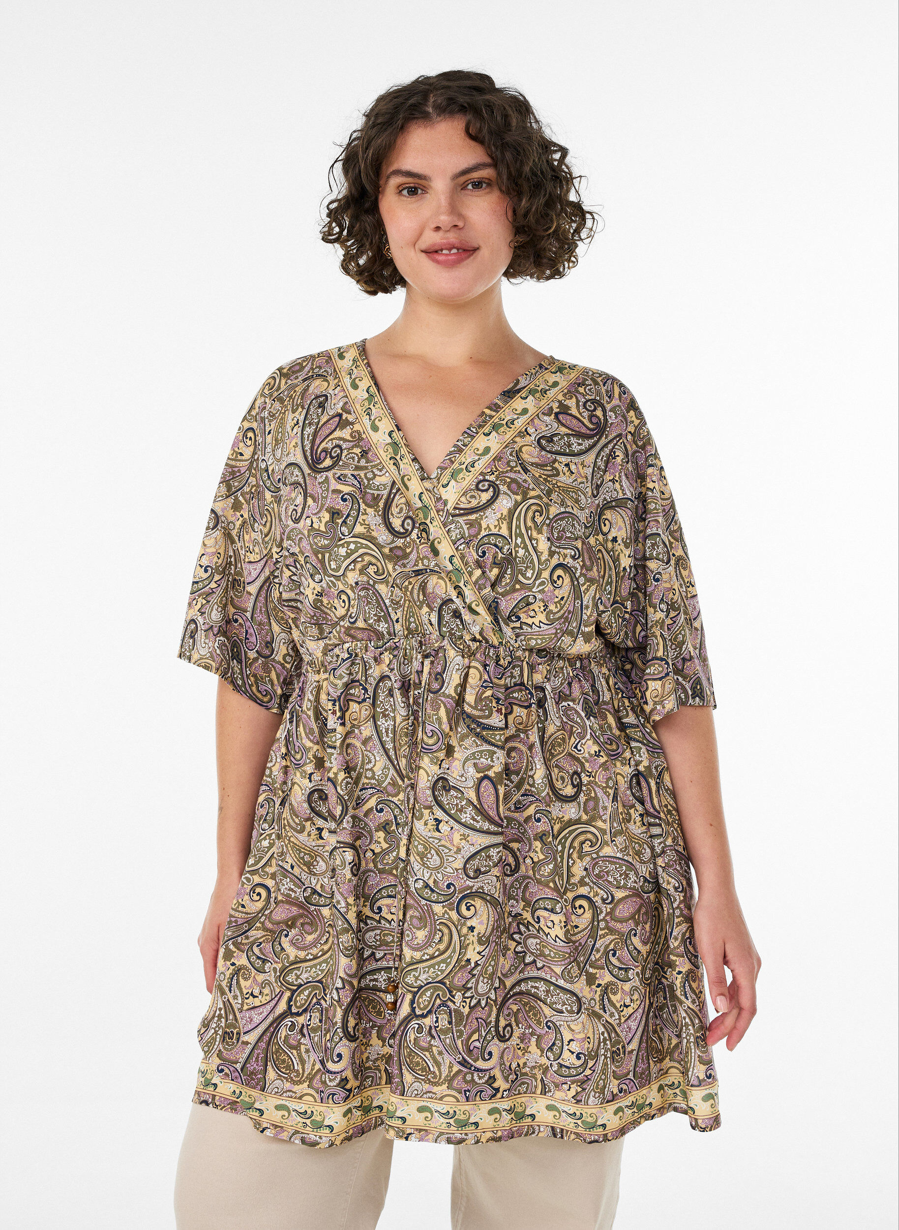 ZizziTunique en viscose &agrave; imprim&eacute; cachemire et lien &agrave; nouer, Jaune, Model image number 0