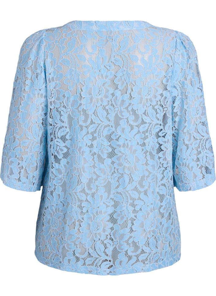 Blouse en dentelle &agrave; manches courtes et col V, Bleu, Packshot image number 1