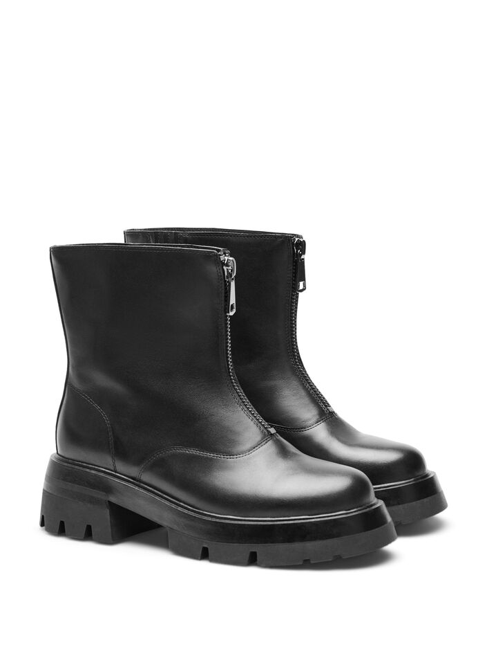 Bottes en cuir courtes et larges avec fermeture éclair, Black, Packshot image number 1