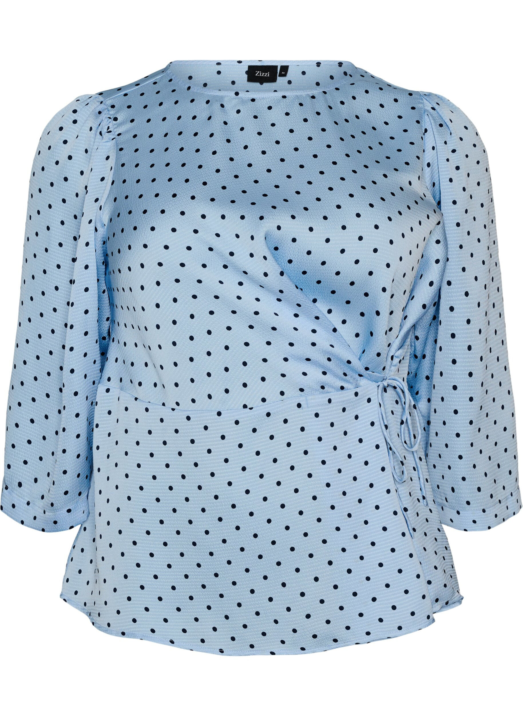 Blouse &agrave; pois avec lien &agrave; nouer et manches 3/4