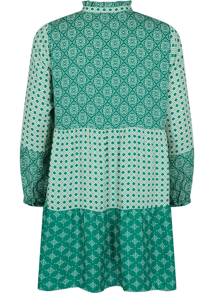Robe trapèze avec motifs et lignes de coupe, Green AOP, Packshot image number 1