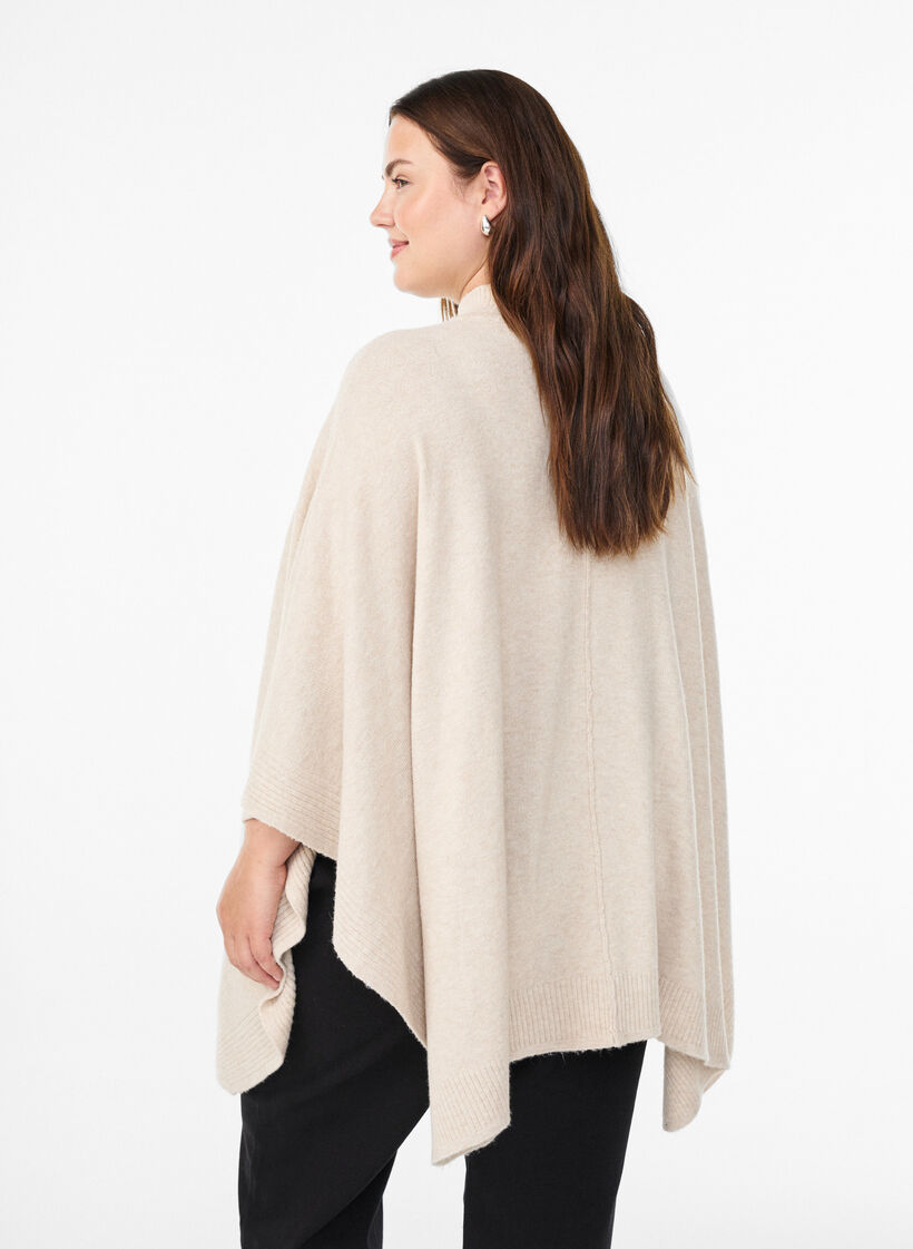 Poncho à col rond avec détails côtelés, Beige, Model image number 2