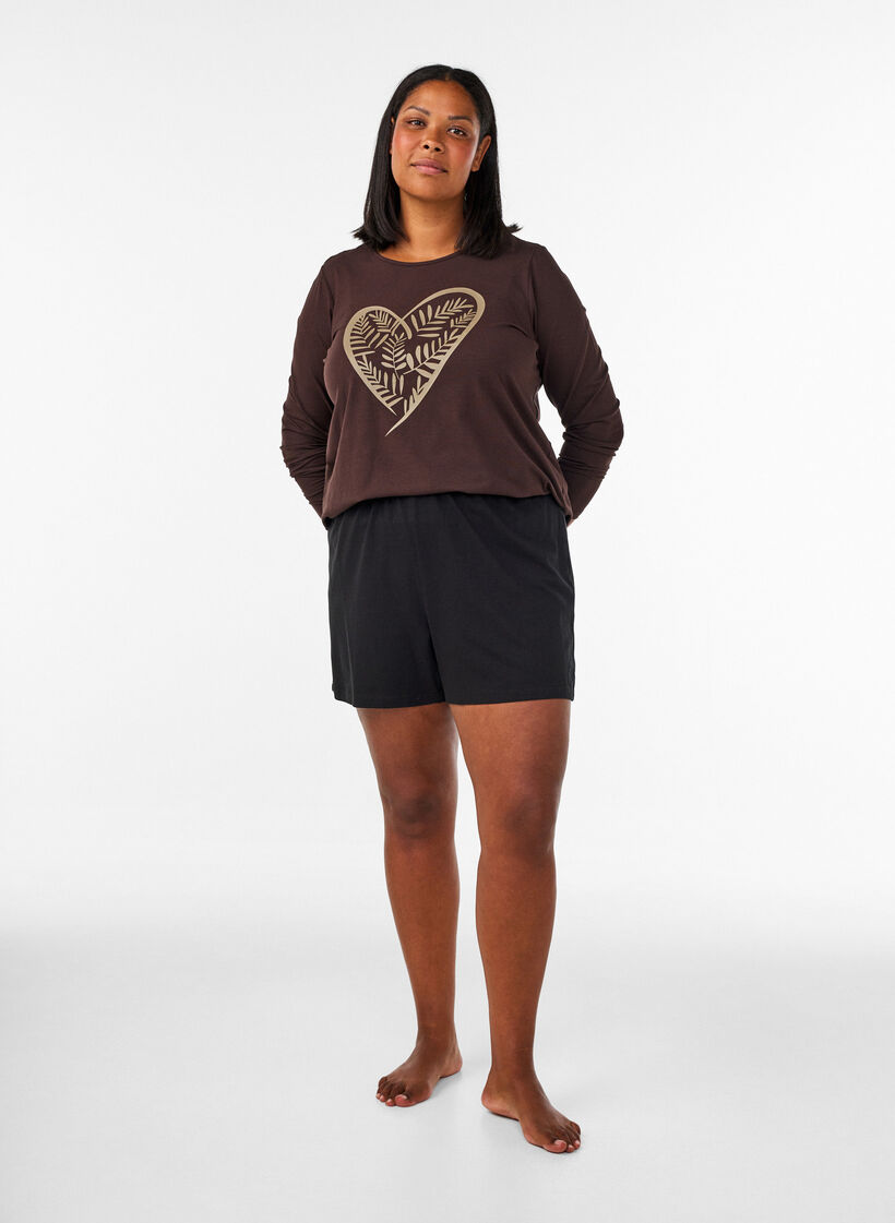 Haut de pyjama en coton &agrave; imprim&eacute; c&oelig;urs, Marron, Model image number 1