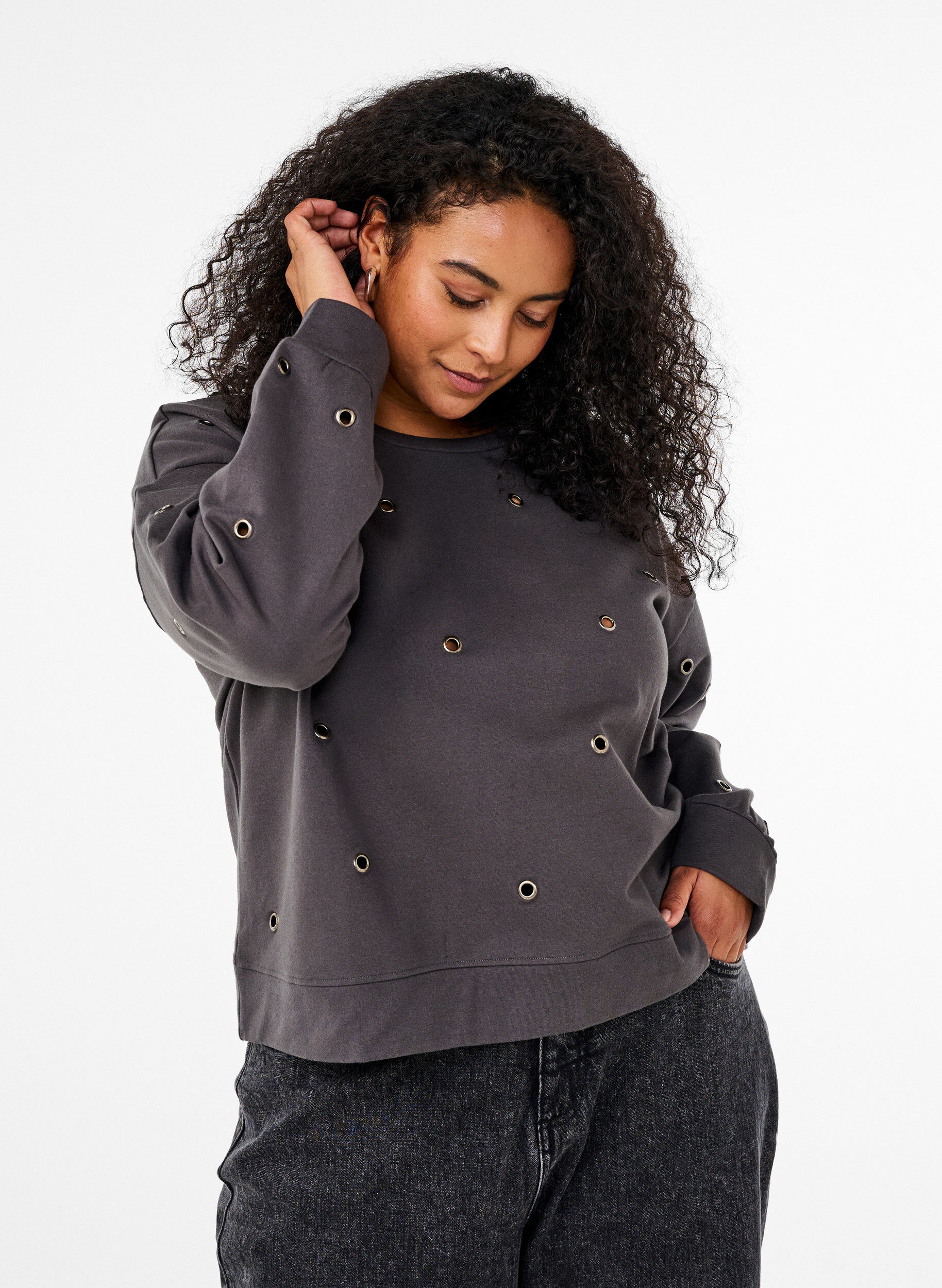 Zizzi Sweat-shirt avec &oelig;illets, Gris anthracite, Model image number 0
