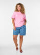 T-shirt en coton avec bords ondul&eacute;s contrastants, Rose, Model image number 1