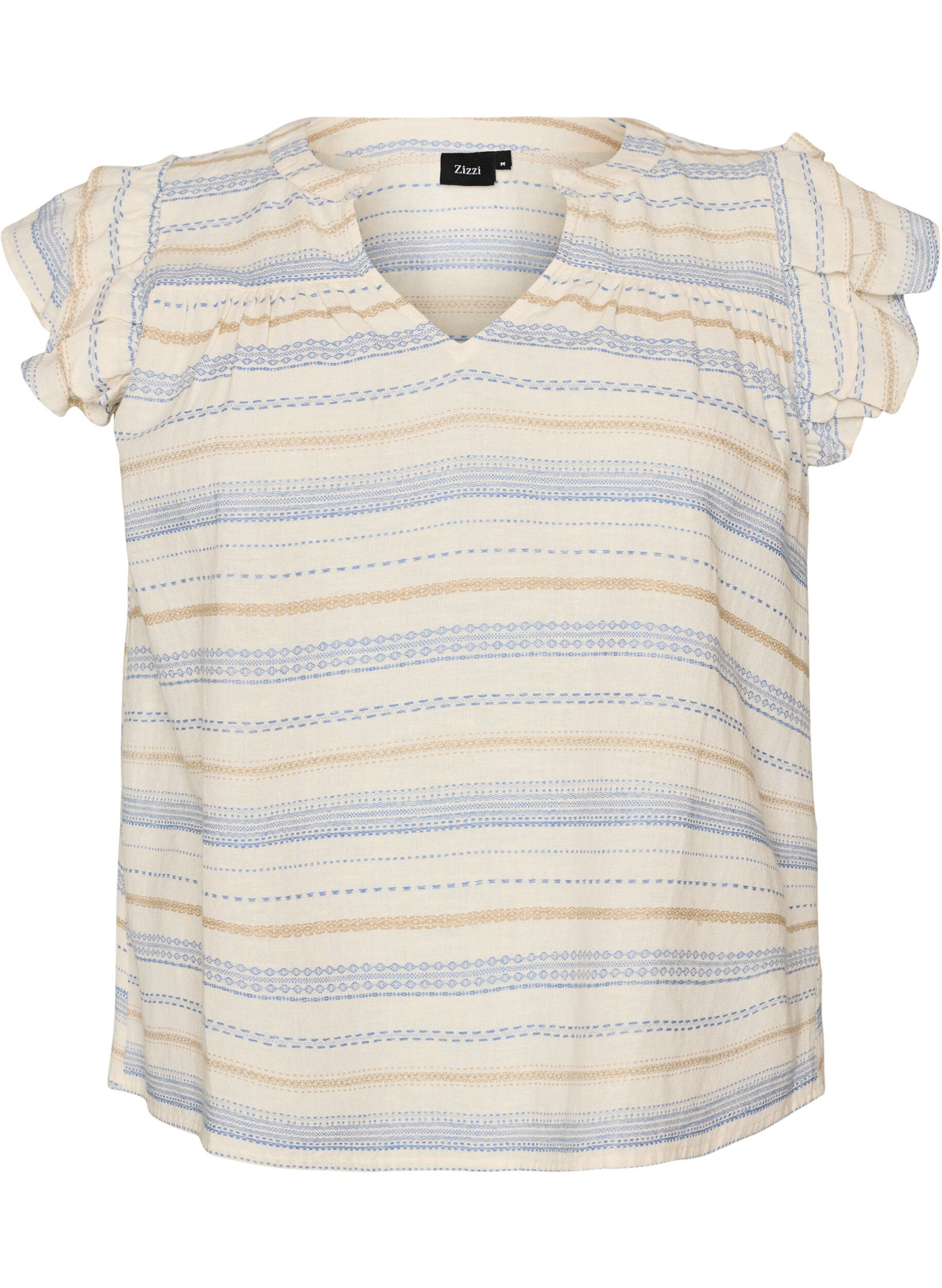 Blouse sans manches avec volants et rayures &agrave; motifs
