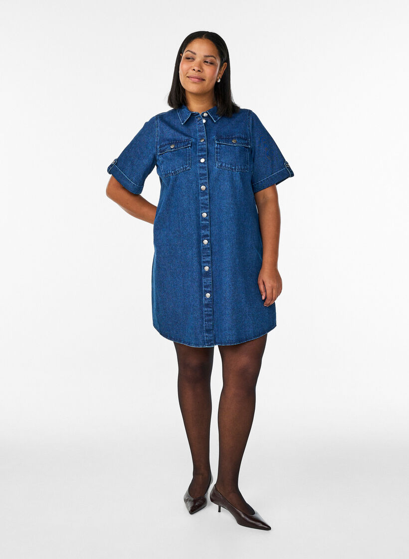 Robe en denim &agrave; manches courtes et boutons, Bleu, Model image number 1