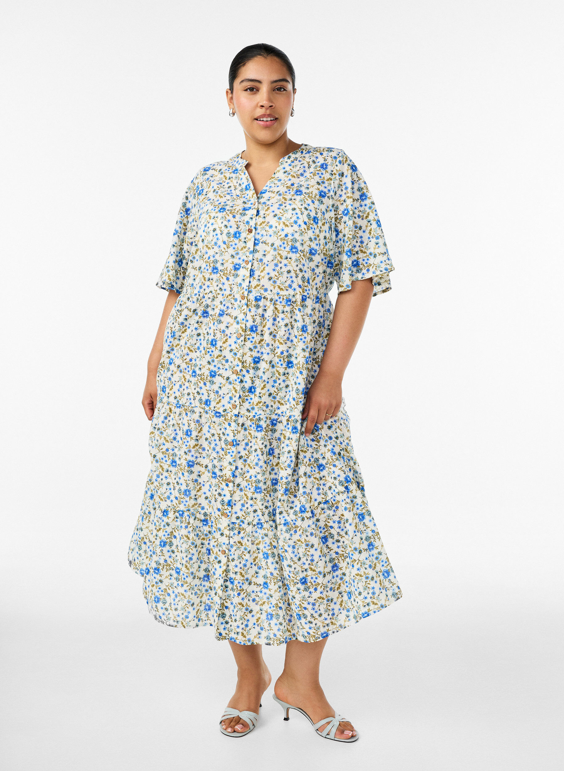 ZizziRobe midi en coton avec imprim&eacute; floral, Bleu, Model image number 0