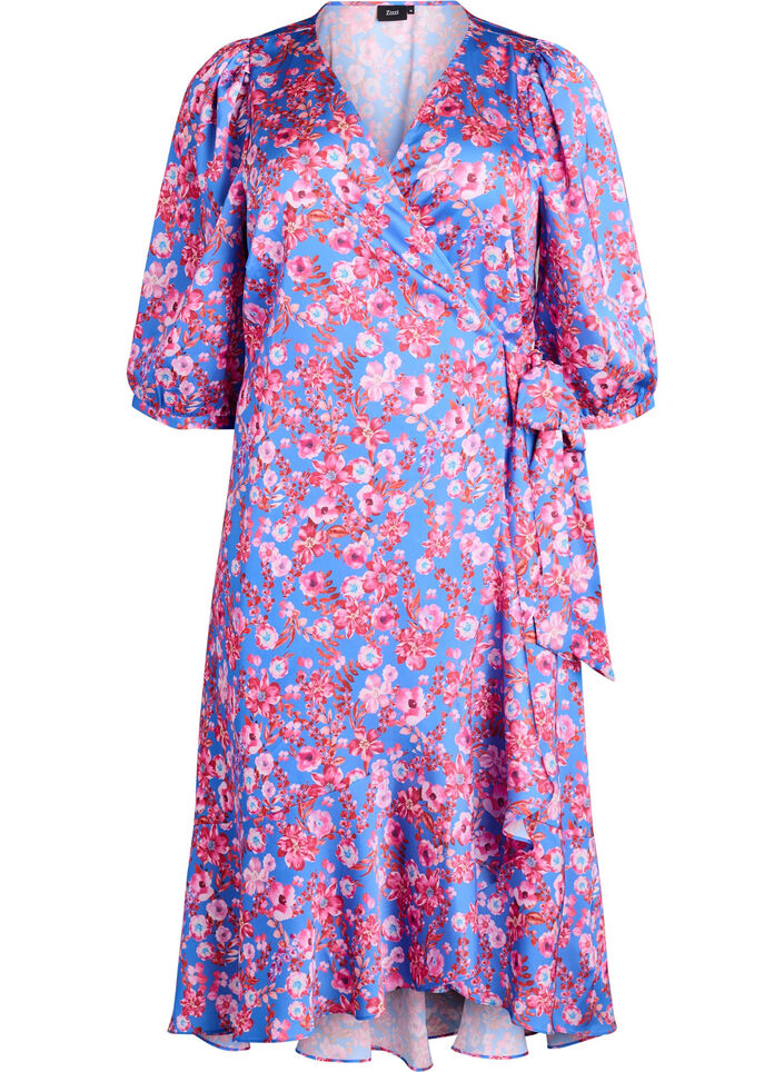 Robe portefeuille &agrave; imprim&eacute; floral et manches 3/4, Bleu, Packshot image number 0