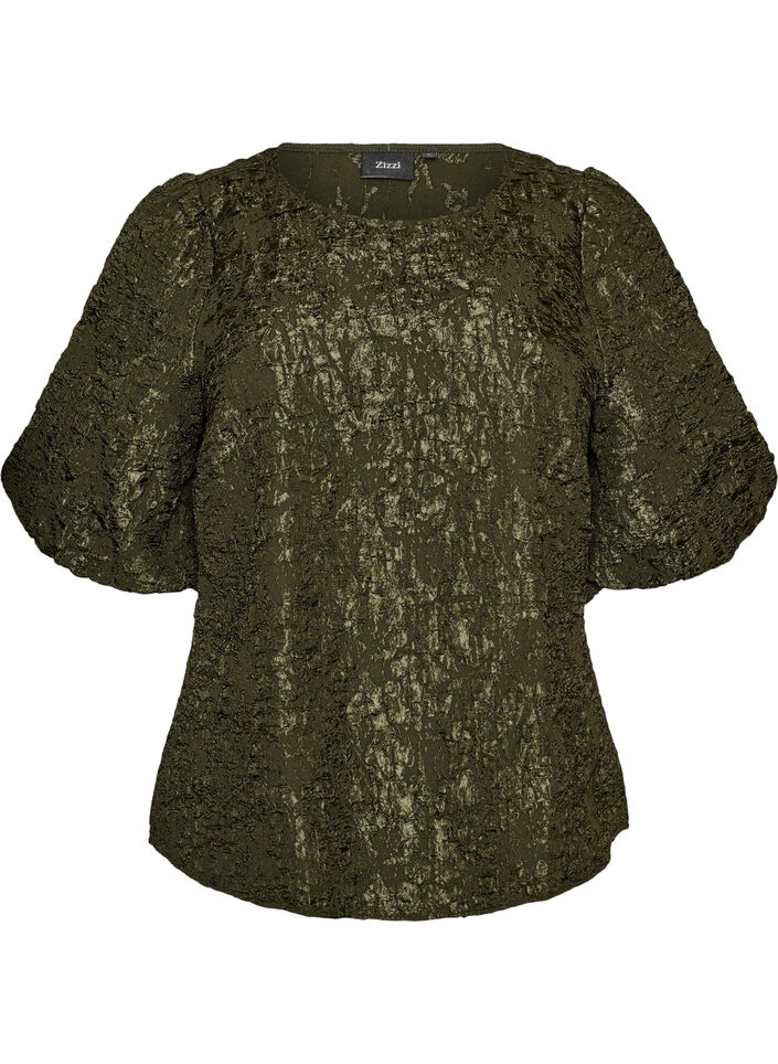 Blouse en jacquard avec des manches bouffantes et une coupe &eacute;vas&eacute;e, Vert fonc&eacute;, Packshot image number 0