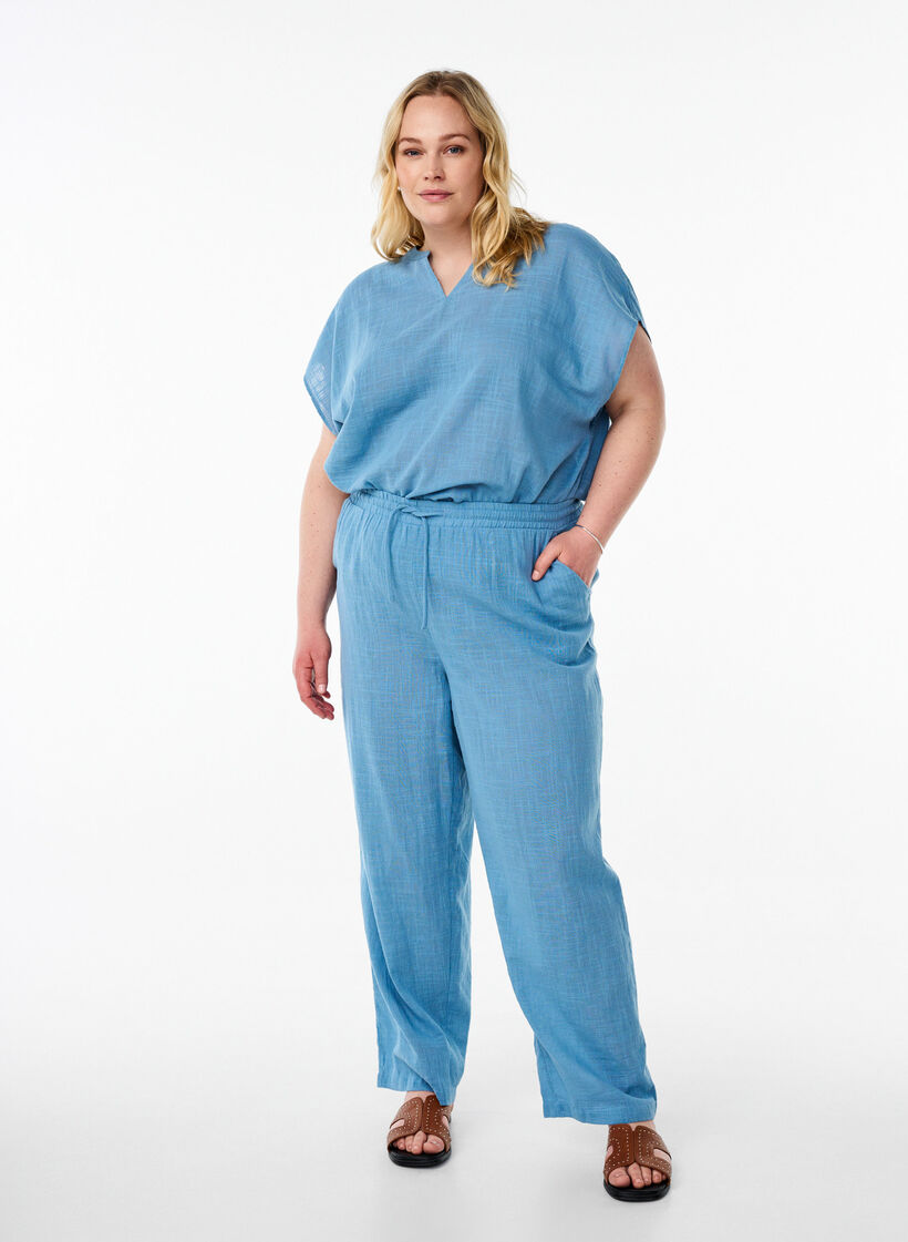 Chemisier ample avec manches &eacute;bouriff&eacute;es, Bleu, Model image number 1