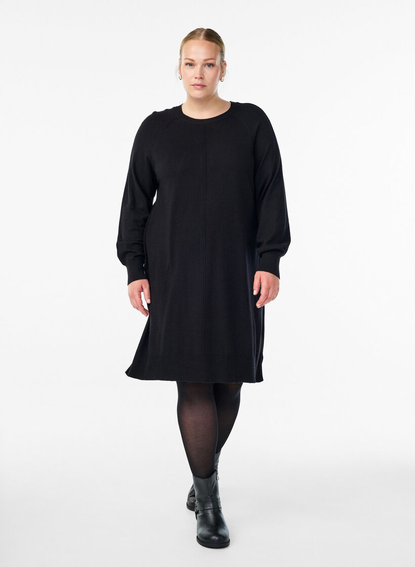 Robe courte en maille &agrave; manches raglan et couture centrale, Noir, Model image number 1