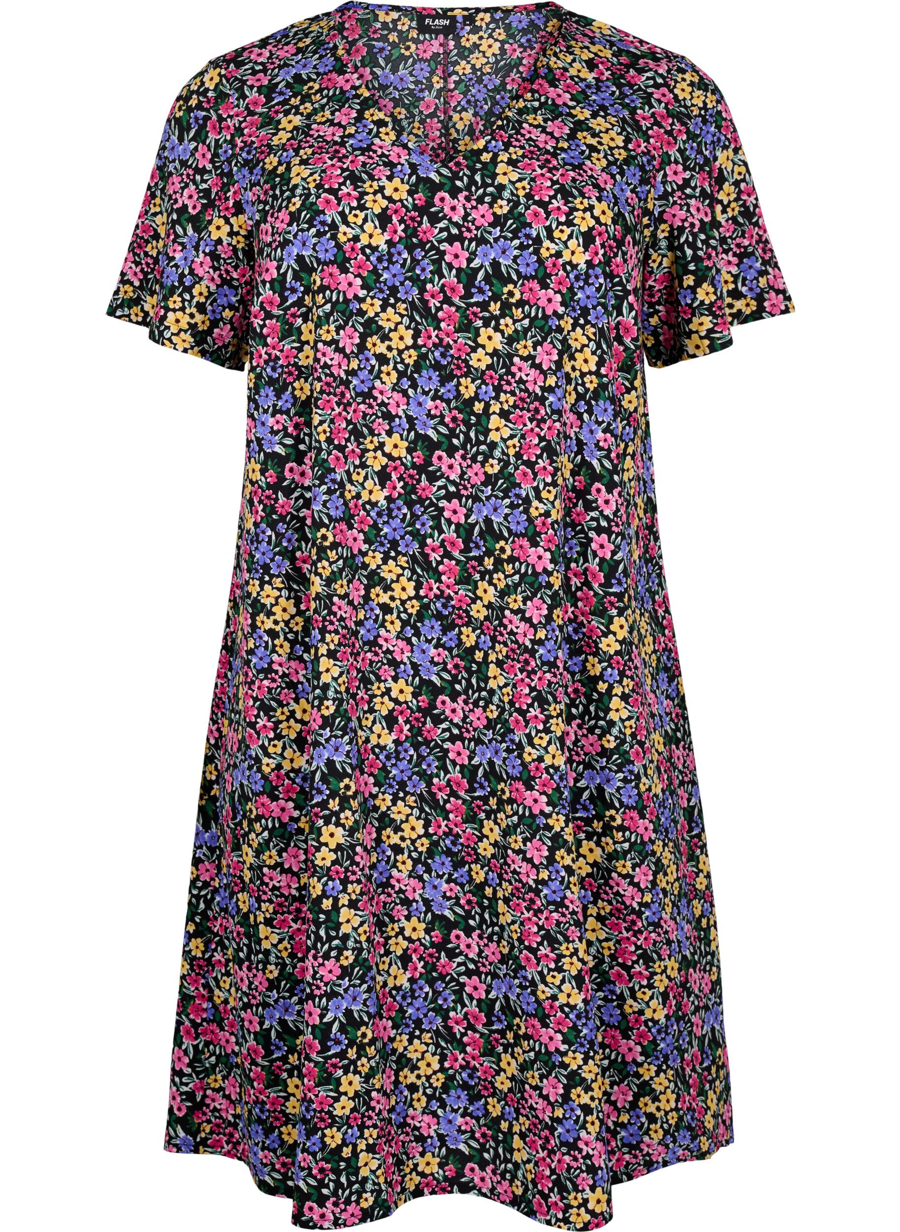Zizzi Robe FLASH &agrave; col en V avec imprim&eacute; &agrave; fleur, Multi Flower, Packshot image number 0