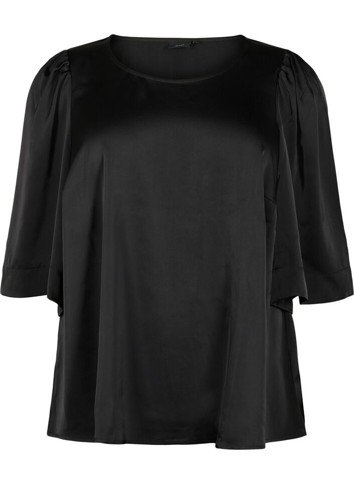 Blouse en satin avec manches mi-longues, Black, Packshot image number 0