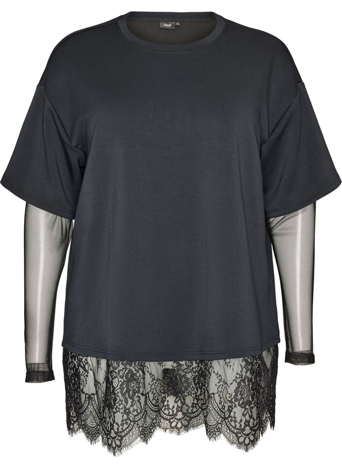 Blouse avec manches en maille et finitions en dentelle, Noir, Packshot image number 0