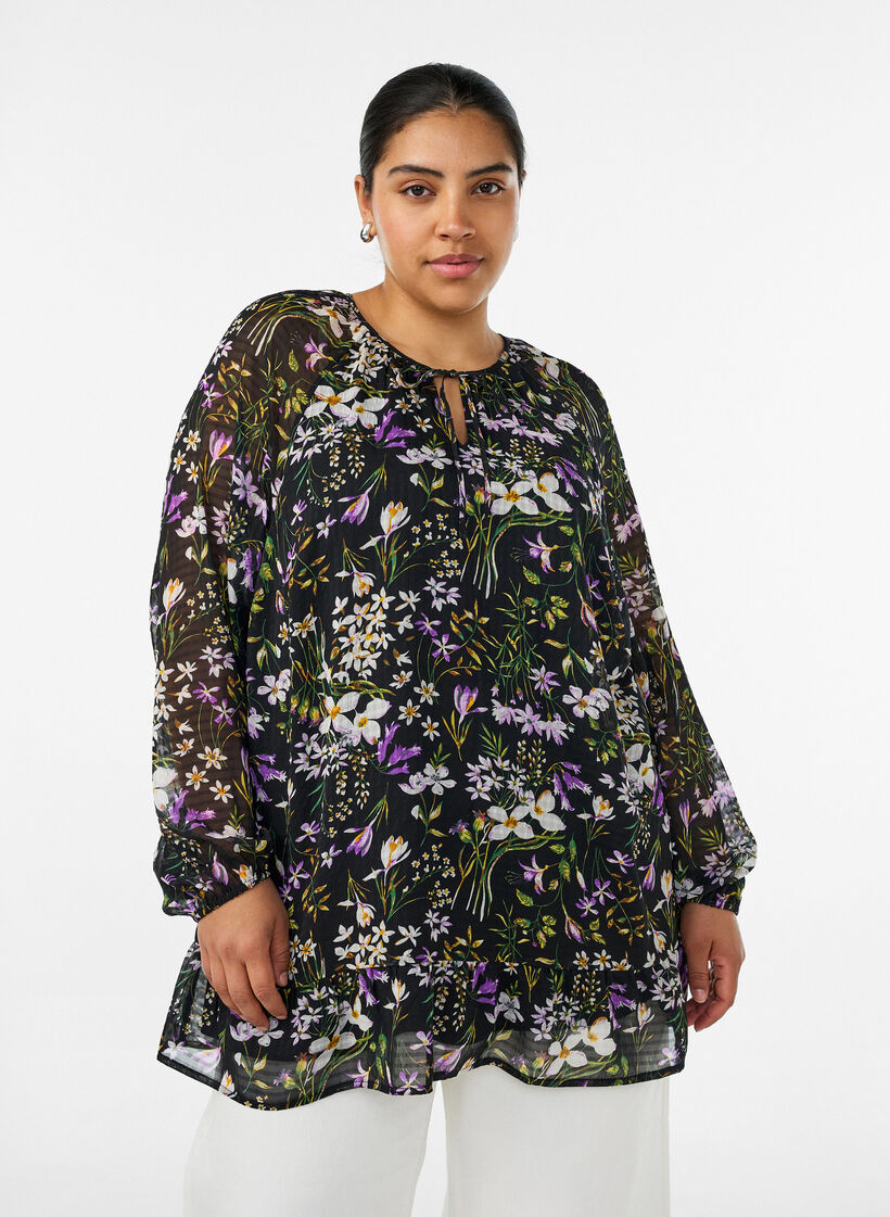 Tunique imprim&eacute;e florale en coupe A, Noir, Model image number 0
