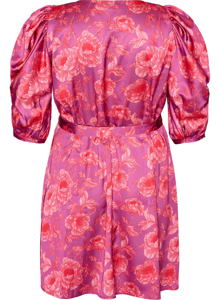 Robe &agrave; fleurs avec manches bouffantes et ceinture &agrave; nouer, Rose, Packshot image number 1