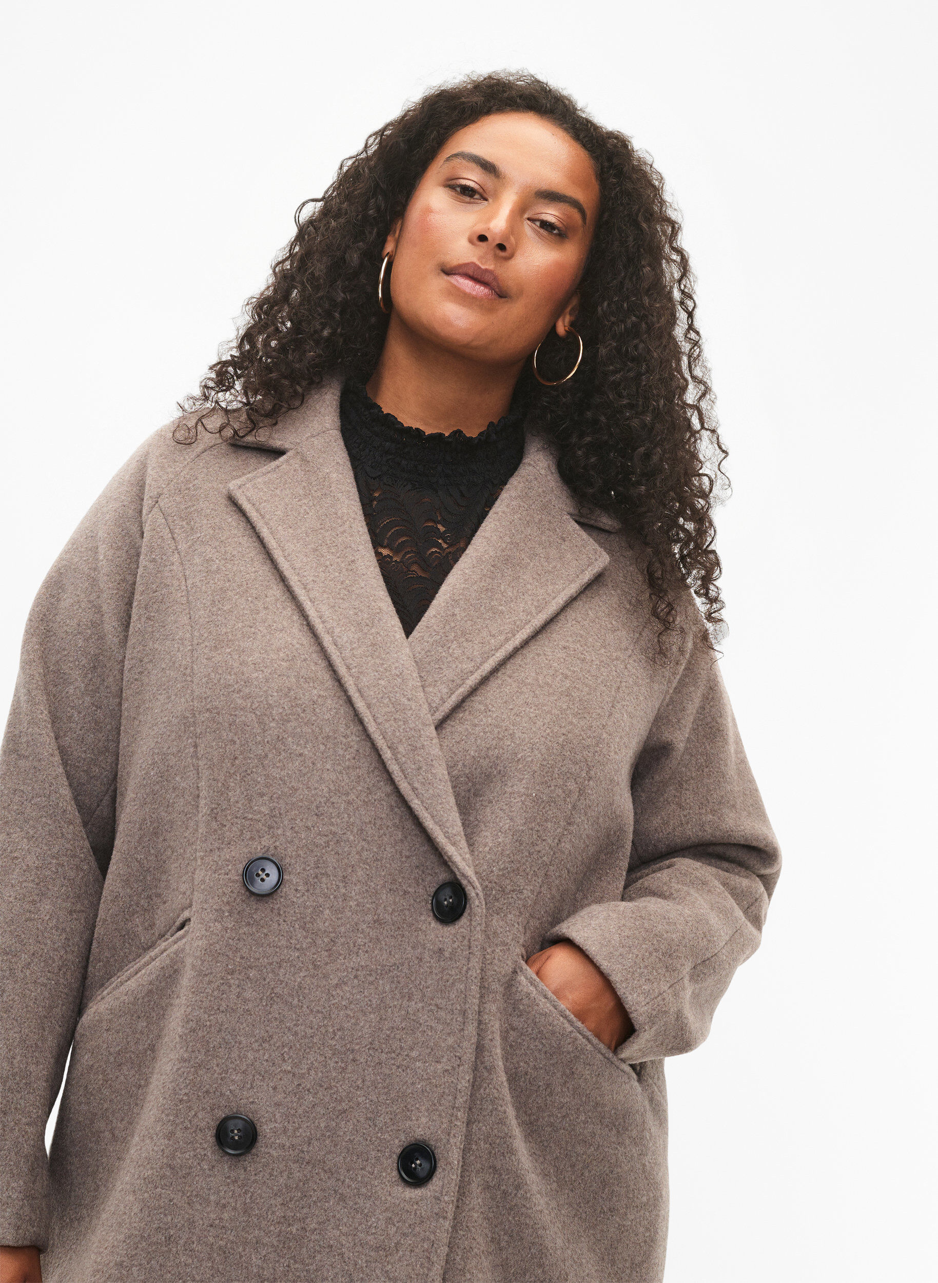 Zizzi Manteau en laine avec boutons et poches, Moon Rock Mel., Model image number 2