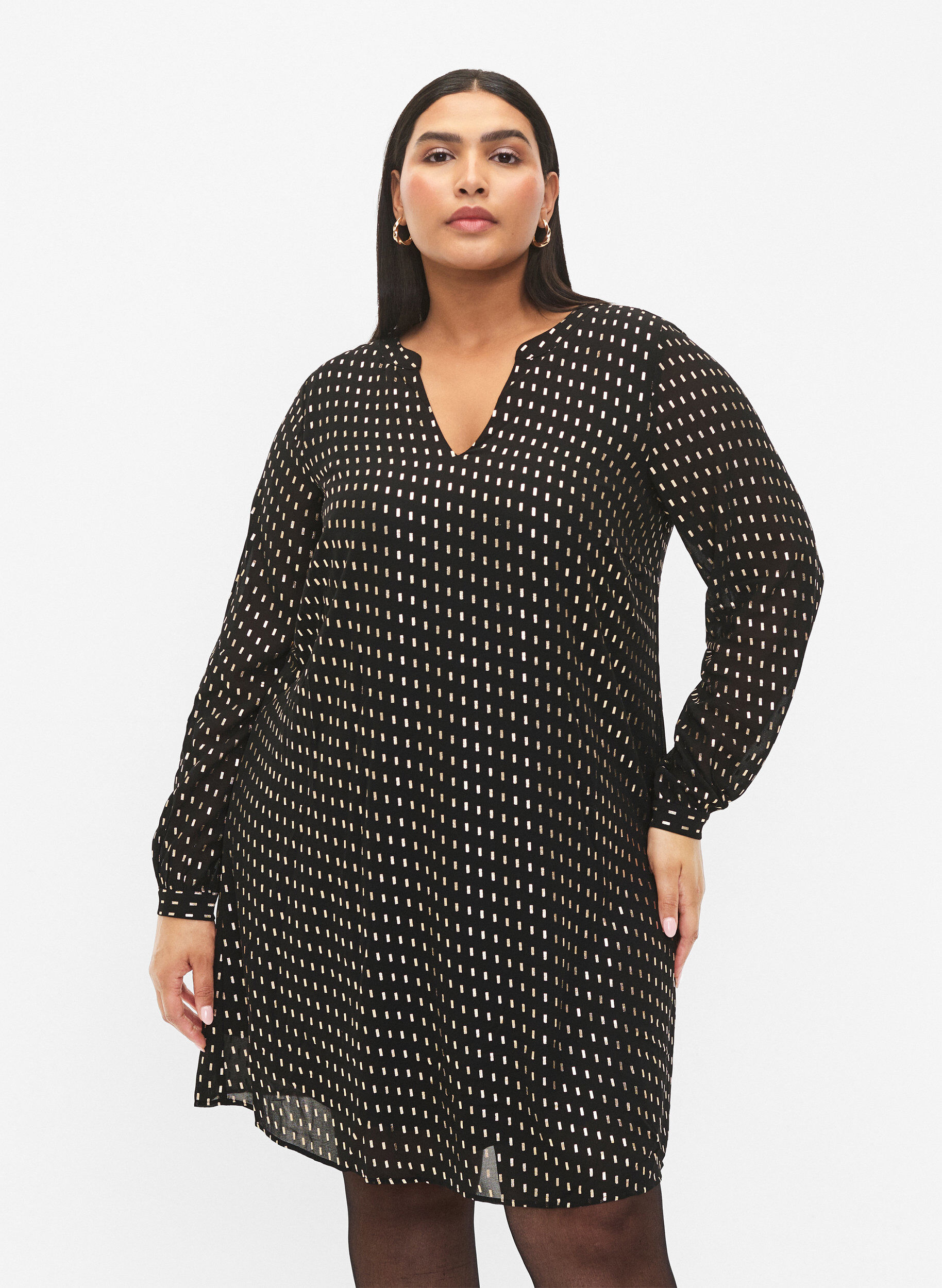 Zizzi Robe &agrave; manches longues avec imprim&eacute; brillant, Black w. Gold, Model image number 0