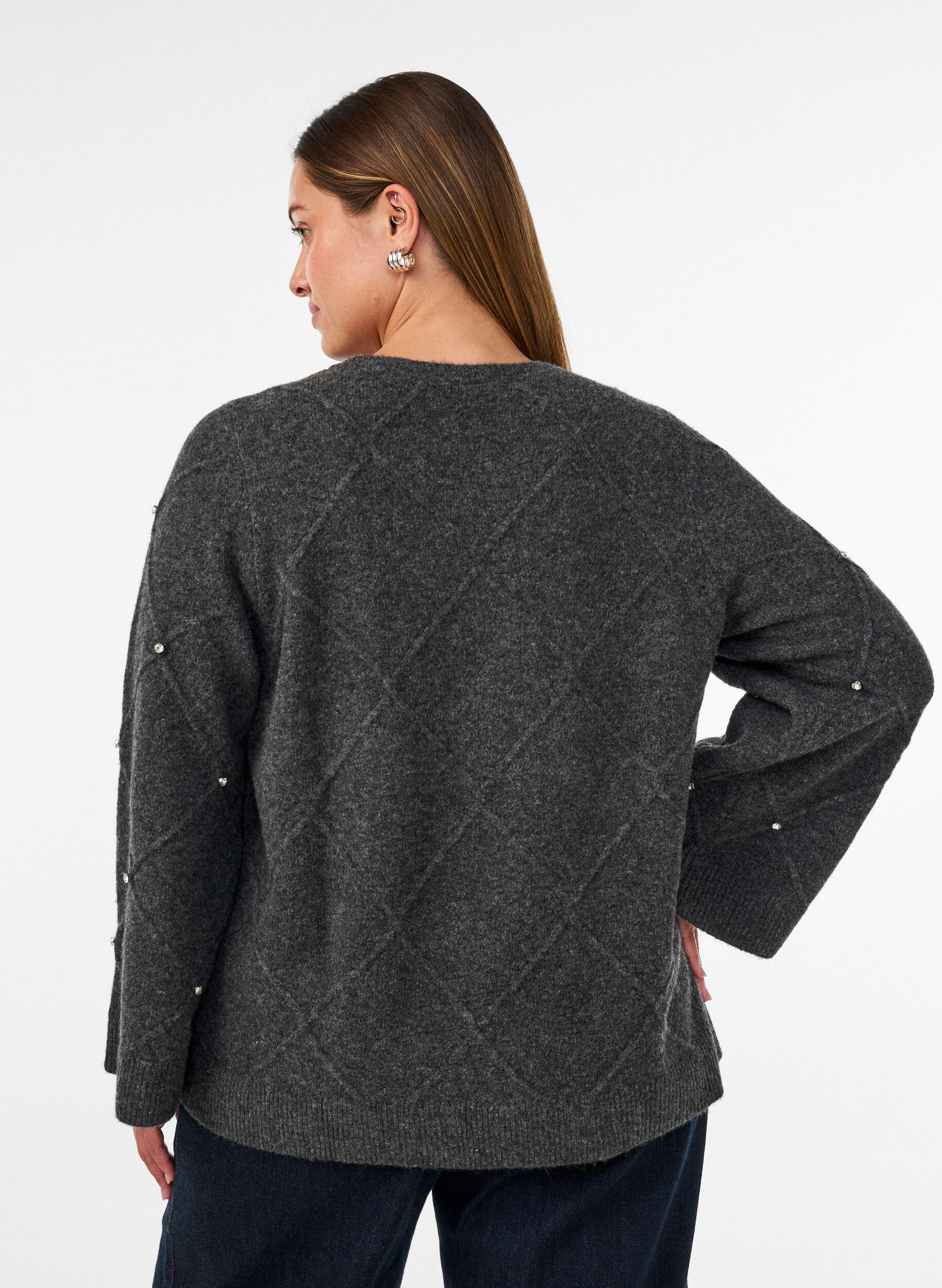 ZizziBlouse en maille avec strass et motif &agrave; losanges, Gris anthracite, Model image number 2