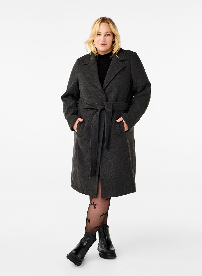 Manteau en laine long avec ceinture, Dark Grey Melange, Model image number 2