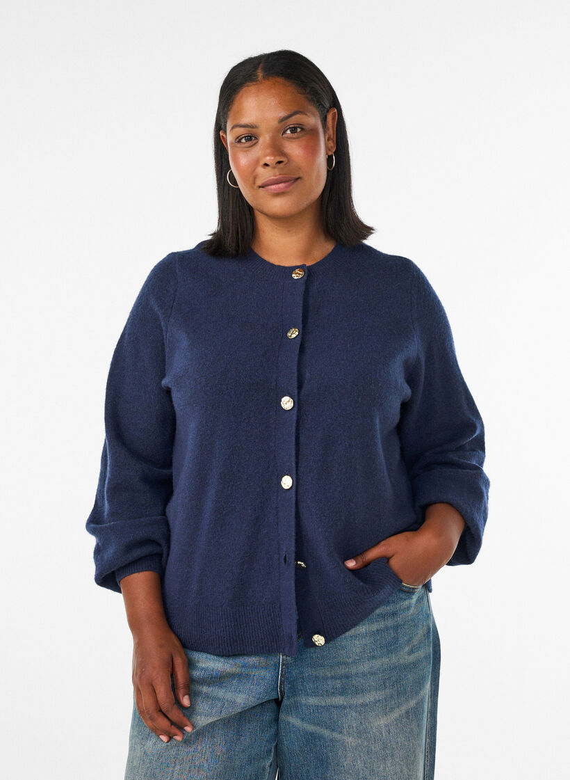 Cardigan en maille douce avec boutons dor&eacute;s, Bleu, Model image number 0