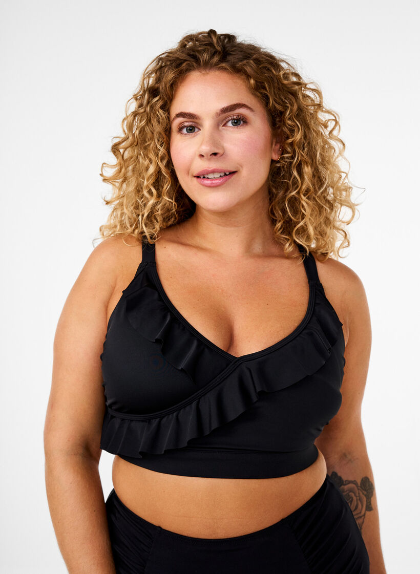 Haut de bikini avec volants et coussinets amovibles, Noir, Model image number 0