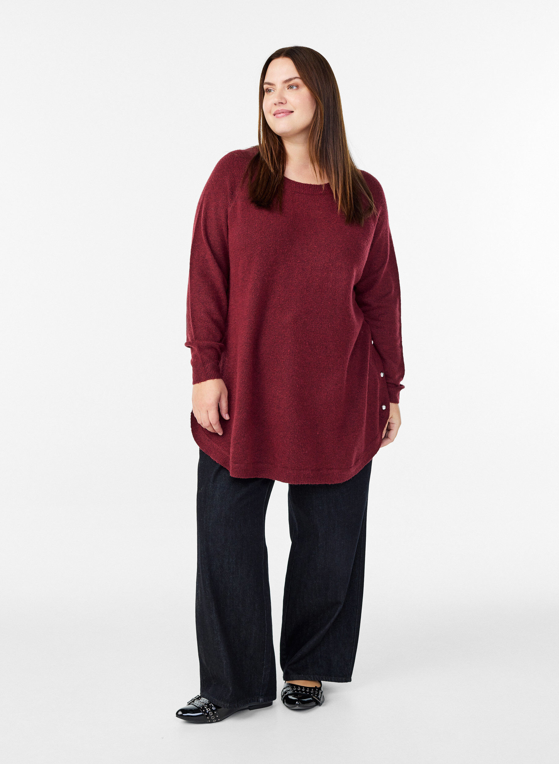 ZizziBlouse longue en maille avec boutons boule, Bordeaux fonc&eacute;, Model image number 1