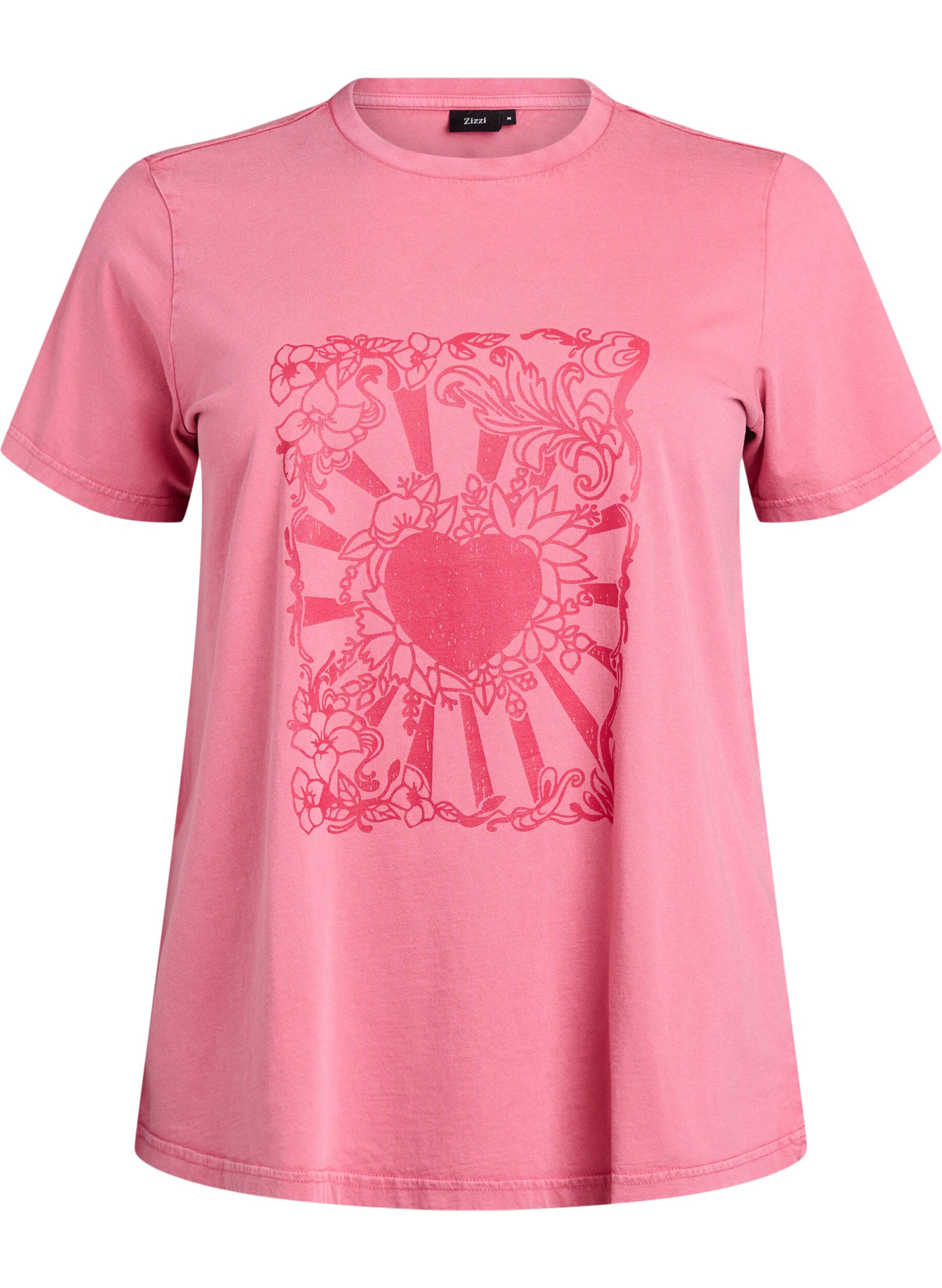 Zizzi T-shirt en coton biologique avec une impression cool, Rose, Packshot image number 0