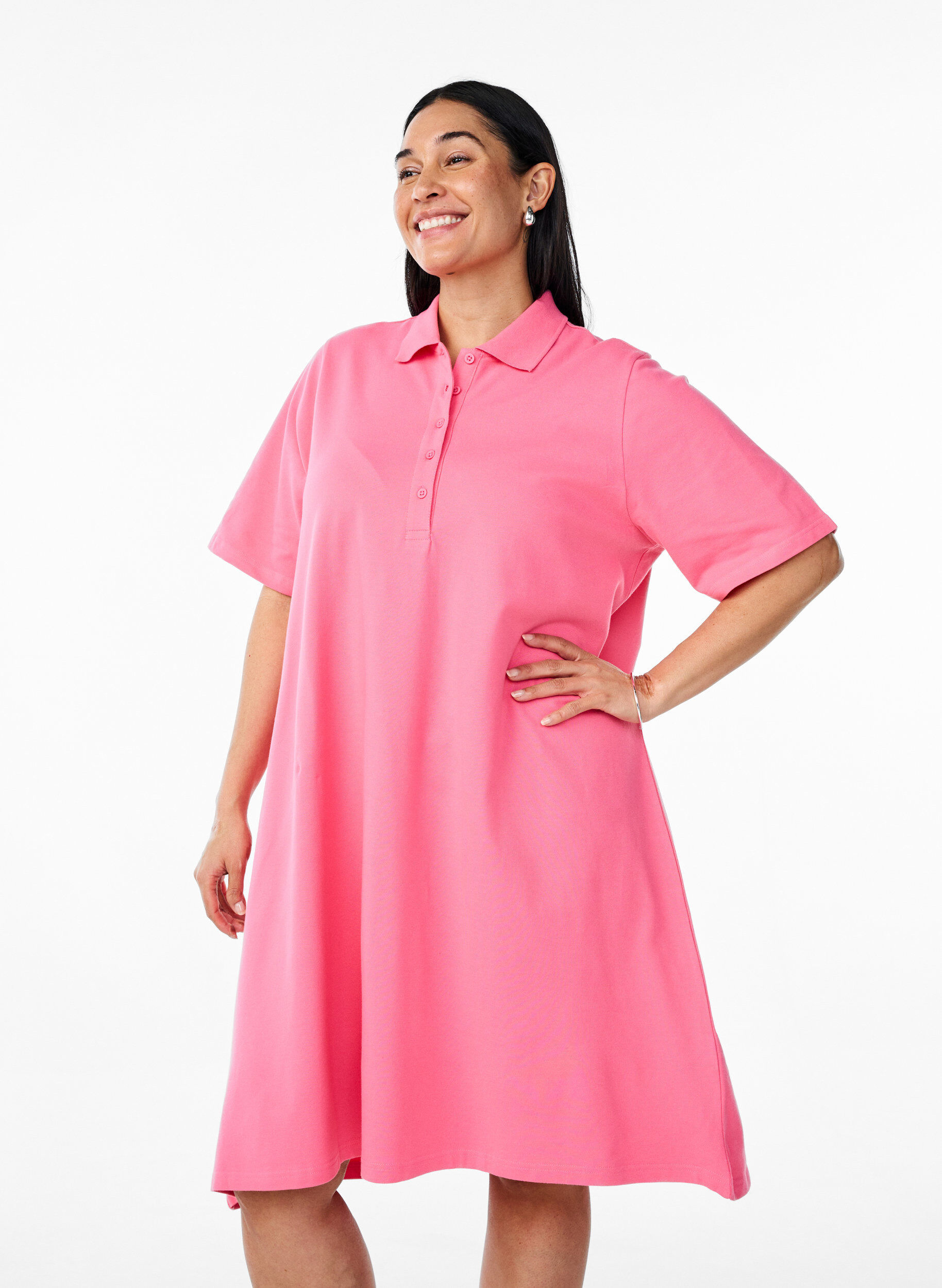 Zizzi Robe polo courte en trap&egrave;ze, Rose, Model image number 1