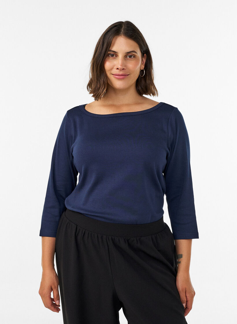 T-shirt basic &agrave; col bateau et manches 3/4, Bleu, Model image number 0