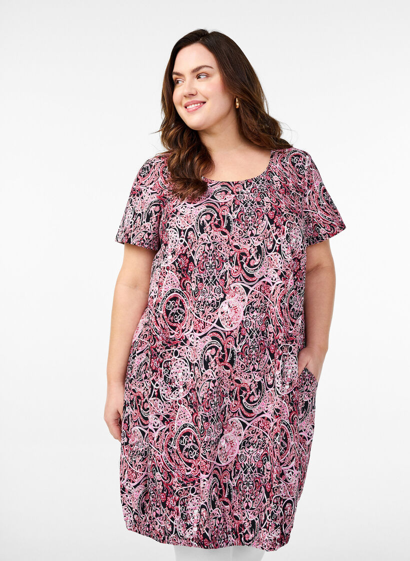 Robe en coton &agrave; manches courtes avec imprim&eacute;, Noir, Model image number 0