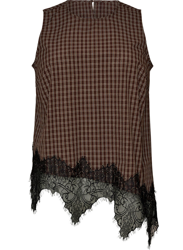Top &agrave; carreaux avec bordure asym&eacute;trique en dentelle, Marron, Packshot