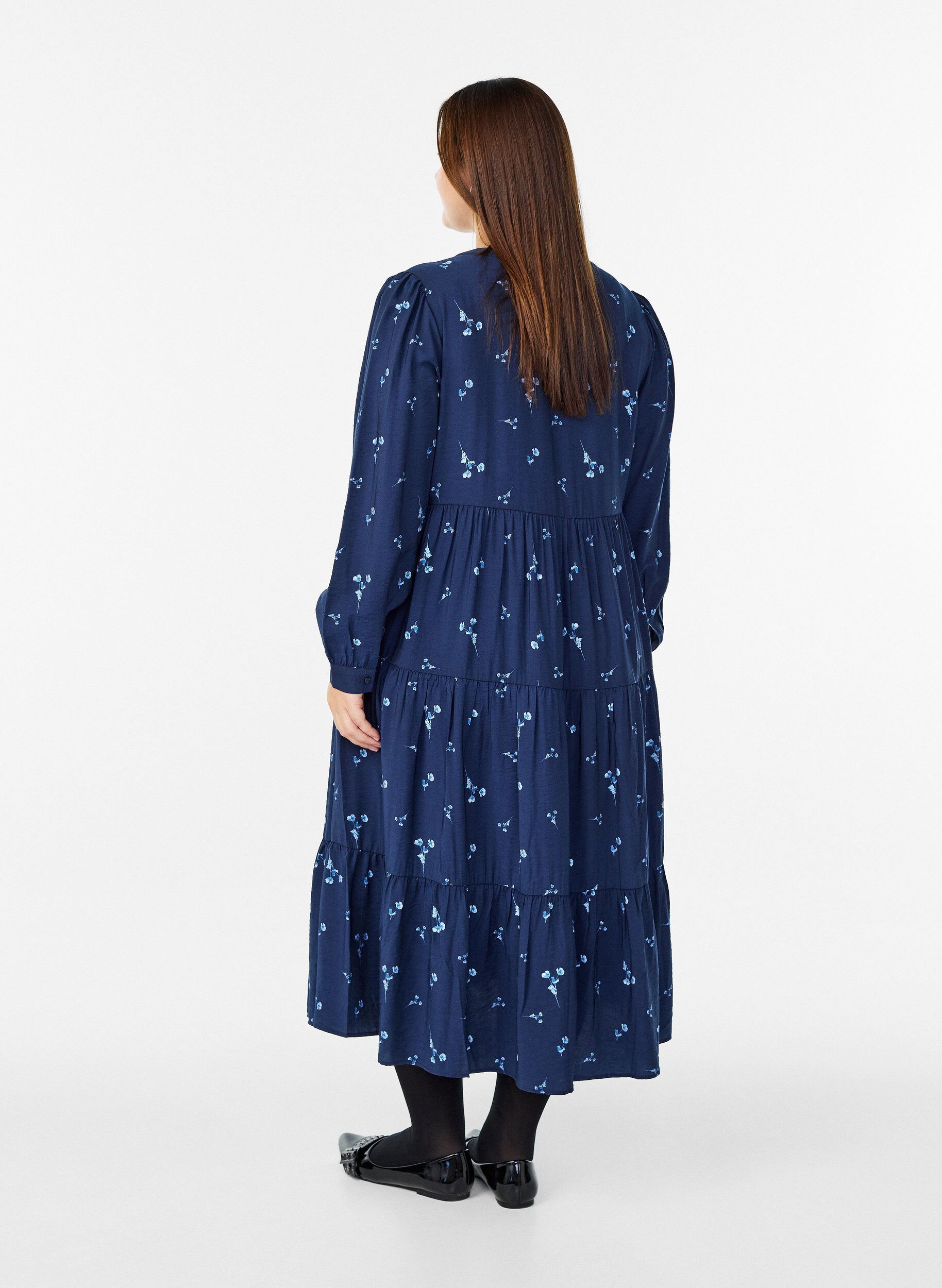 Zizzi Robe midi avec col en V et coupe &eacute;vas&eacute;e, Bleu, Model image number 1