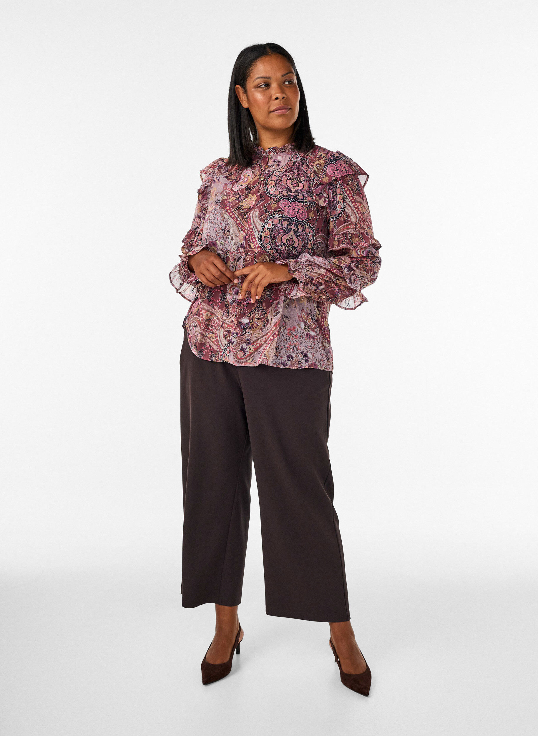 ZizziBlouse &agrave; imprim&eacute; cachemire et d&eacute;tails &agrave; volants, Mauve, Model image number 1