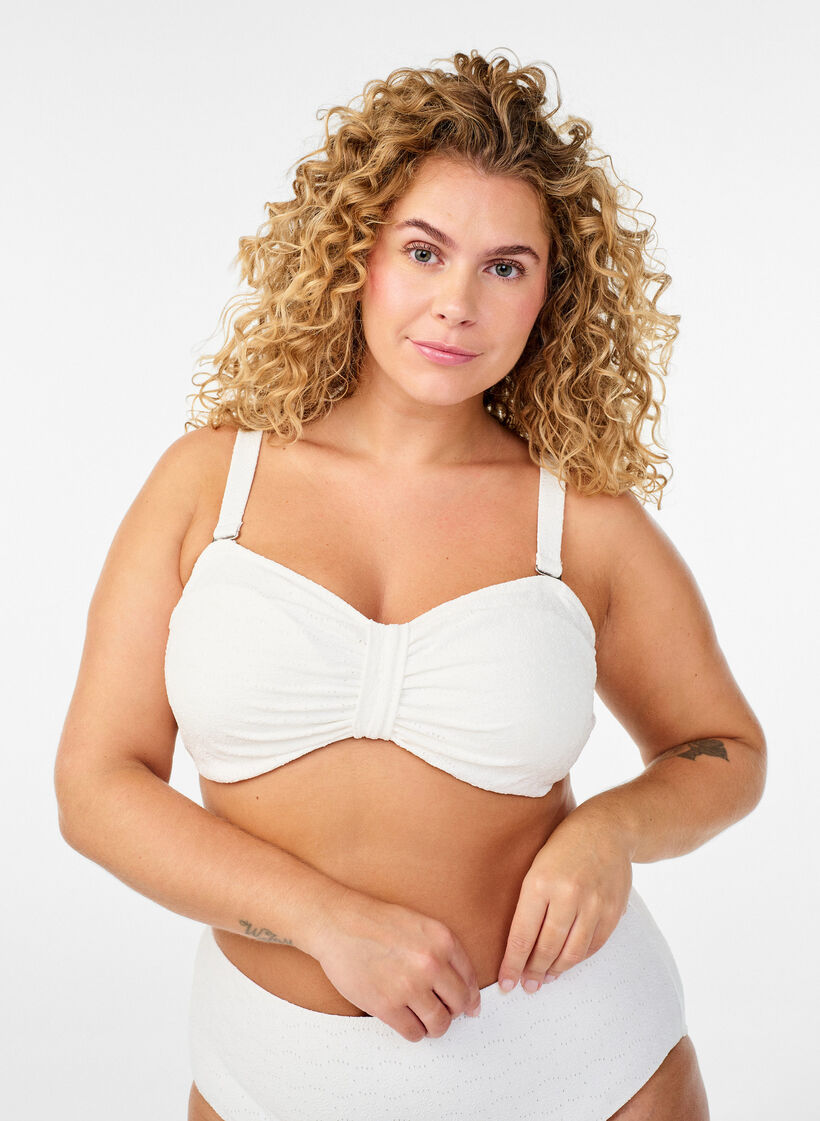 Haut de bikini bandeau avec motif textur&eacute; et bretelles amovibles, Blanc, Model image number 0
