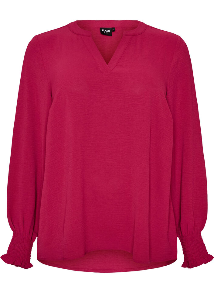 Blouse avec poignets smock&eacute;s et col en V, Bordeaux, Packshot image number 0