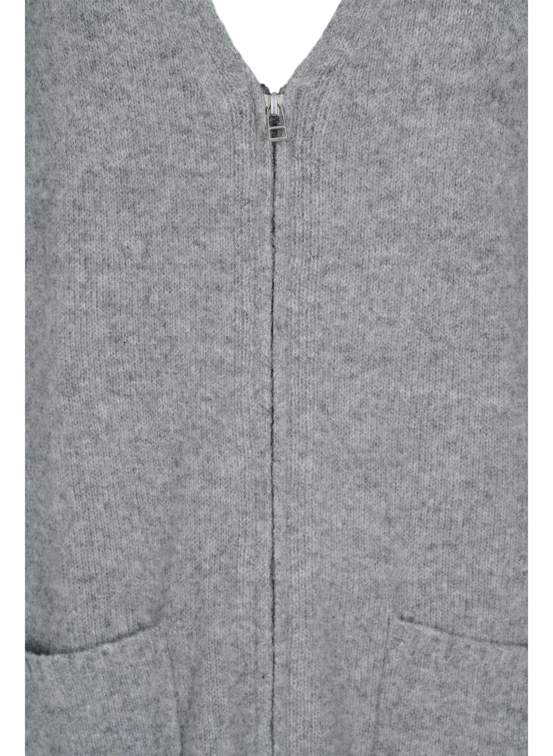 Zizzi Long cardigan en maille &agrave; fermeture &Eacute;clair et poches, Medium Grey Melange, Packshot image number 2