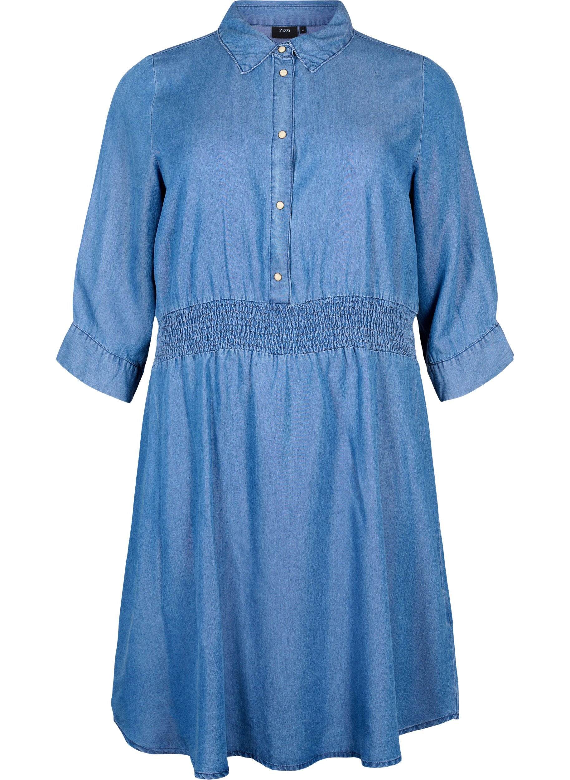 Zizzi Robe en denim souple avec manches 3/4 et smock, Blue denim, Packshot image number 0