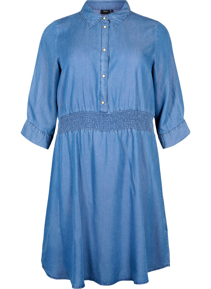 Robe en denim souple avec manches 3/4 et smock, Blue denim, Packshot image number 0
