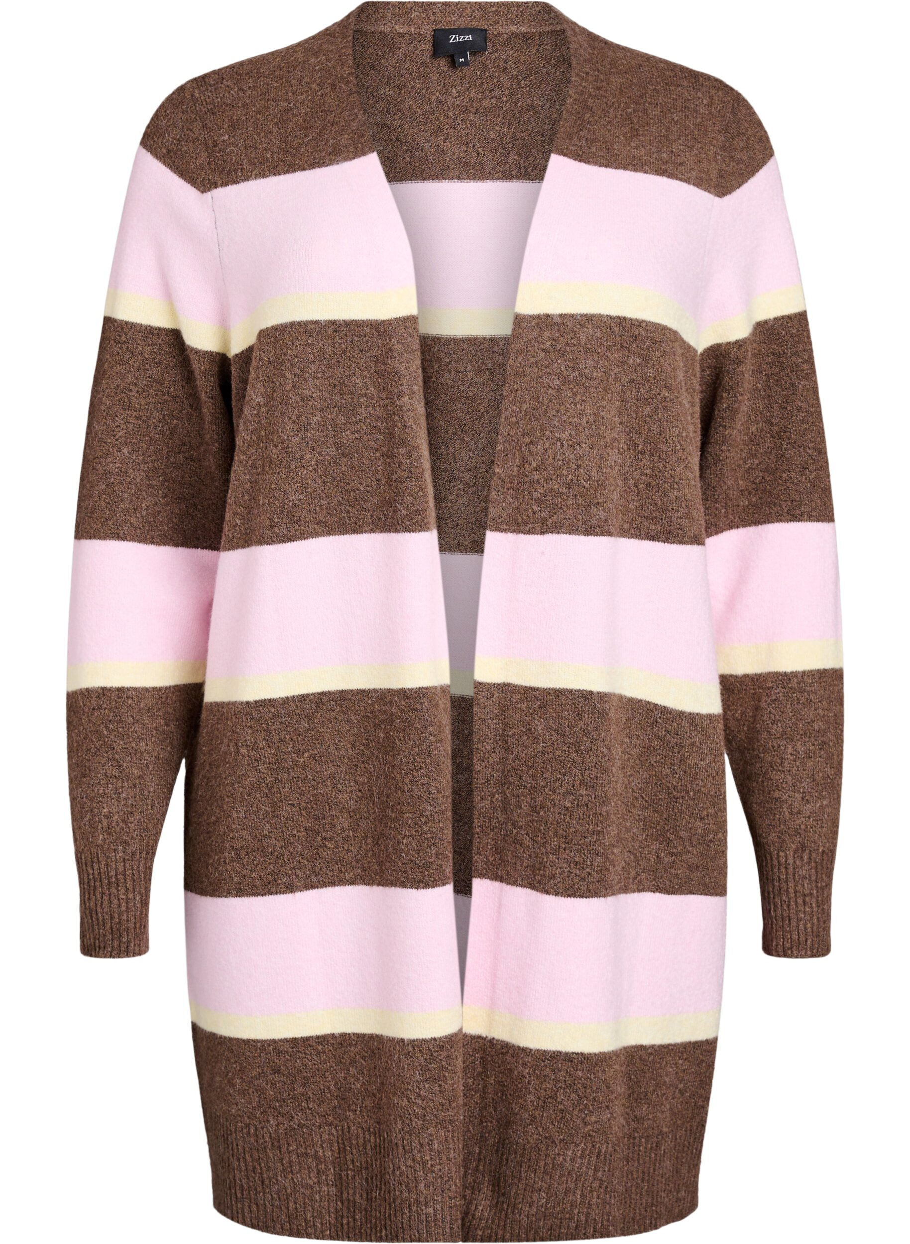 Zizzi Cardigan long en tricot avec rayures larges, Marron, Packshot image number 0
