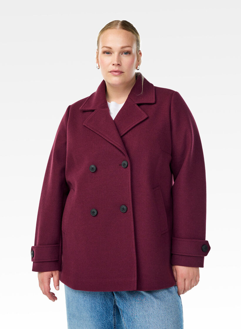 Manteau court &agrave; boutonnage crois&eacute;, Bordeaux fonc&eacute;, Model image number 0