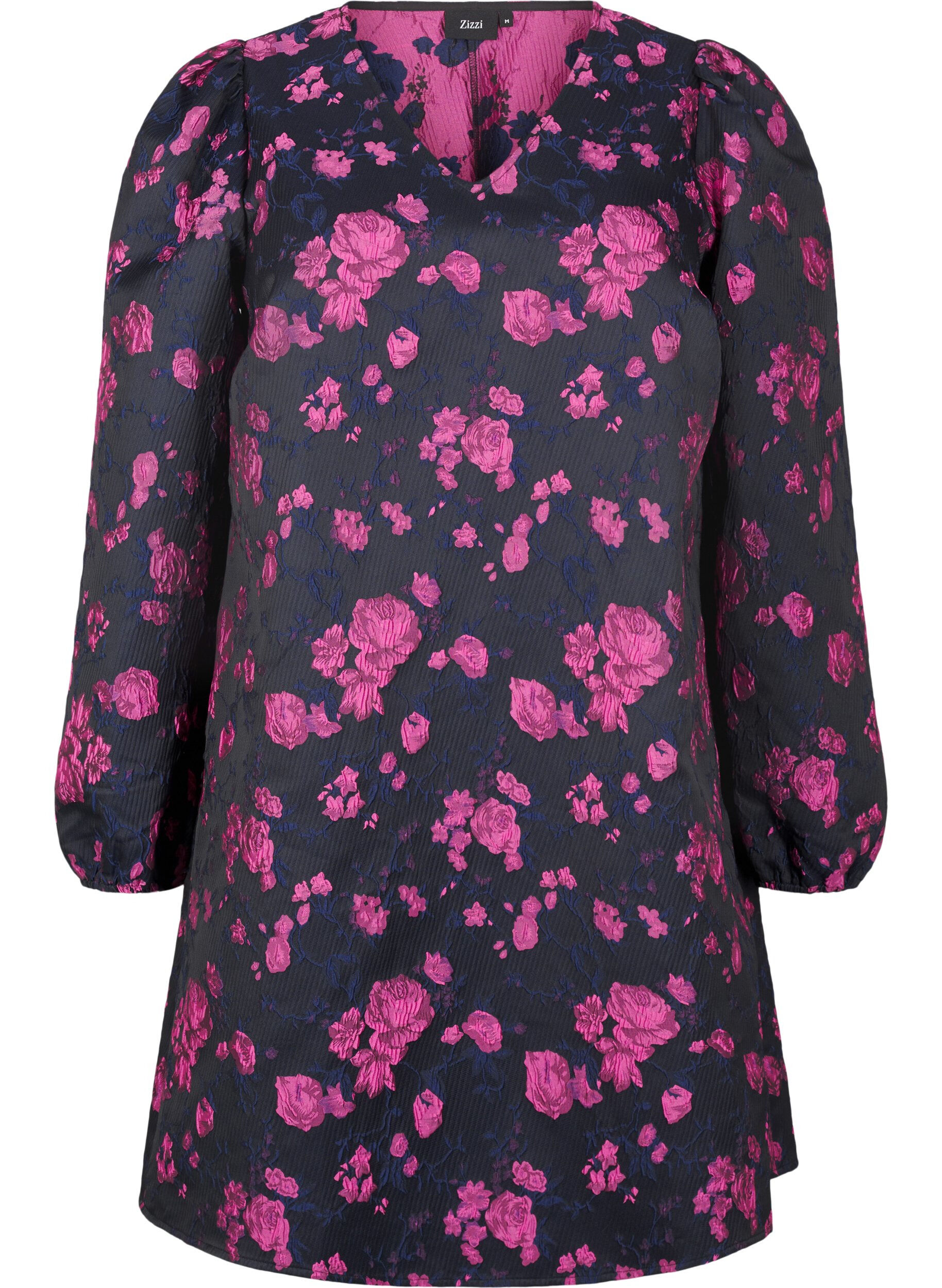 Zizzi Robe courte en jacquard et &agrave; manches longues, Black w. Red Rose, Packshot image number 0