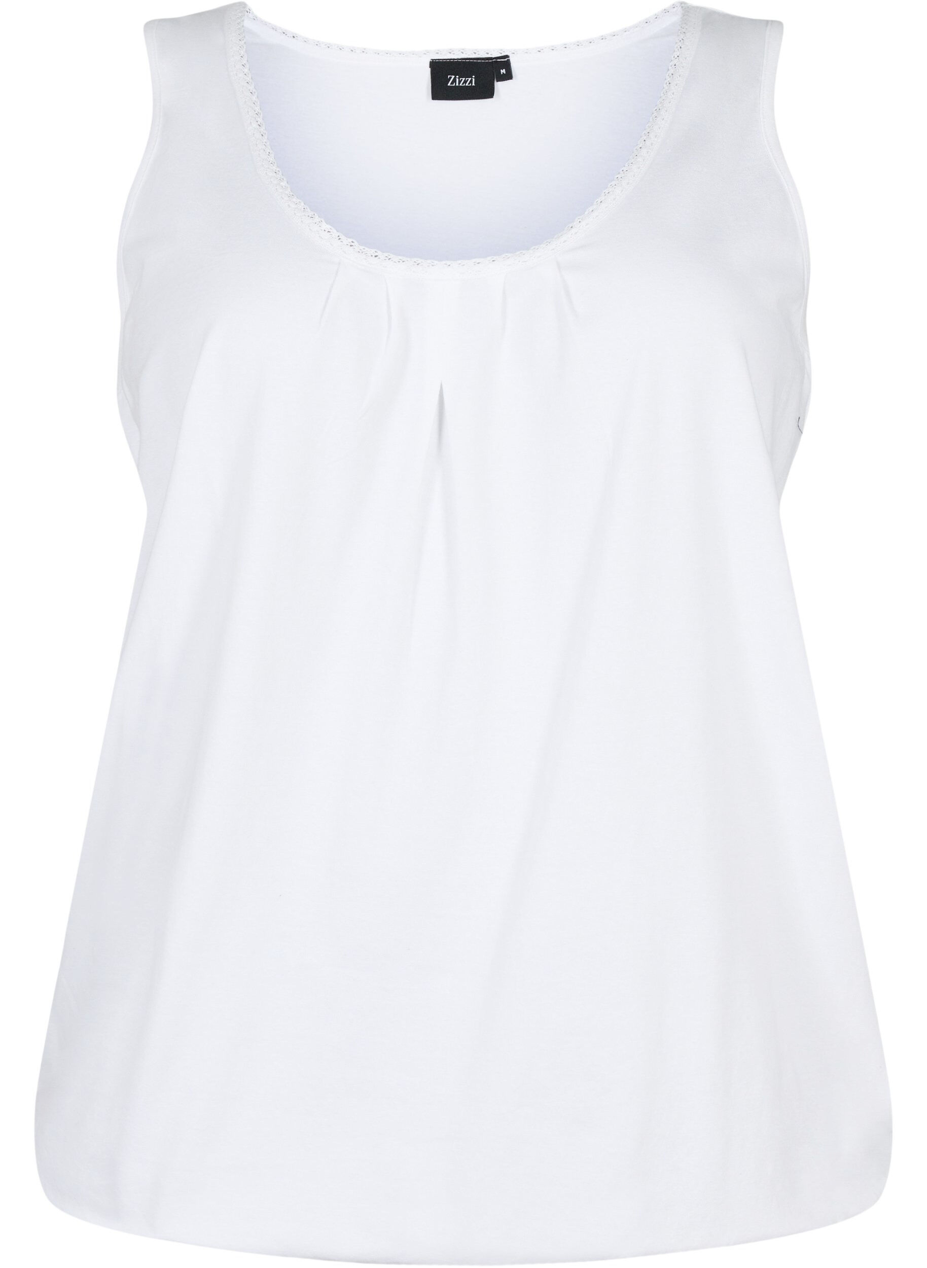 Zizzi Top en coton avec col rond et bordure en dentelle, Bright White, Packshot image number 0